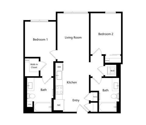Floor plan for 2 beds, 2 baths, 791 sqft